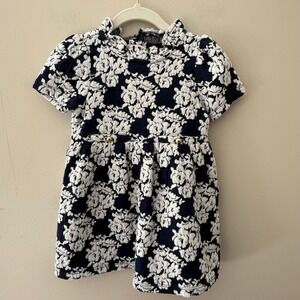 Kids Girls‎ Navy Blue White Floral Textured Dress with Gold Button Accents